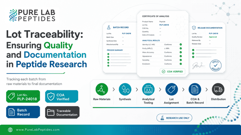 Peptide research infographic showing lot traceability, COA verification, and batch documentation context